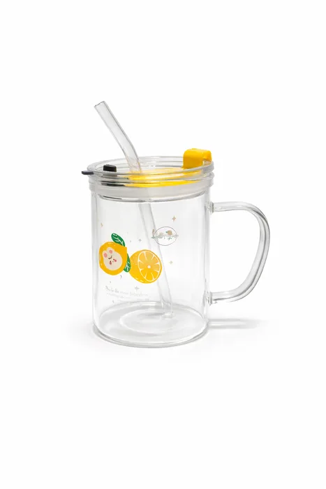 Lemon Design Glass Pitcher Mug with Yellow Lid 500ml | קנקן/ספל זכוכית גדול עם איורי לימון, מכסה צהוב וידית