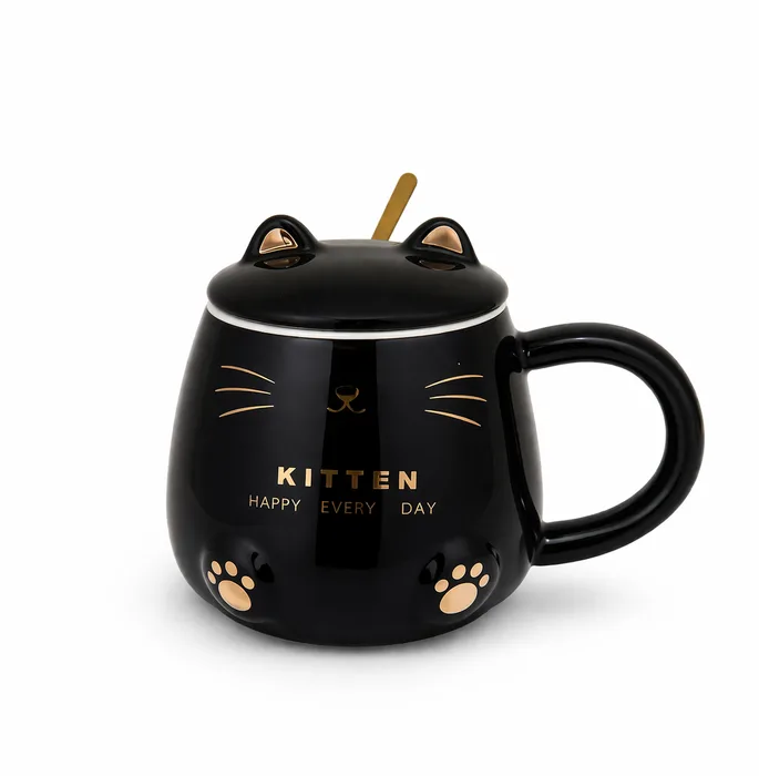 Black Kitten Ceramic Coffee Mug | ספל חתלתול שחור אלגנטי עם עיטורי זהב, מכסה וכפית 380 מ"ל