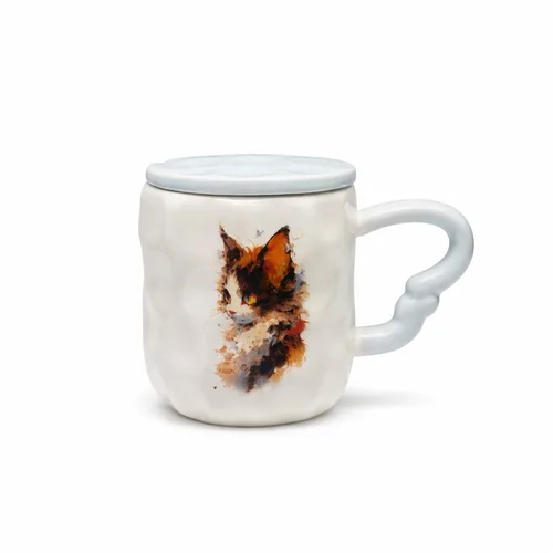 Hand-Painted Style Watercolor Cat Mug 350ml | ספל חתול בסגנון ציור בצבעי מים עם ידית תכלת מעוצבת