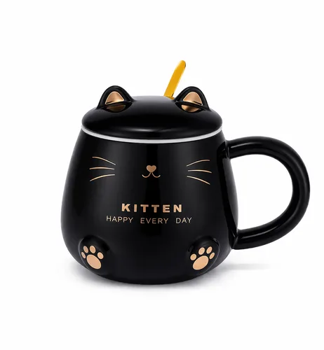 Black Kitten Ceramic Coffee Mug | ספל חתלתול שחור אלגנטי עם עיטורי זהב, מכסה וכפית 380 מ"ל