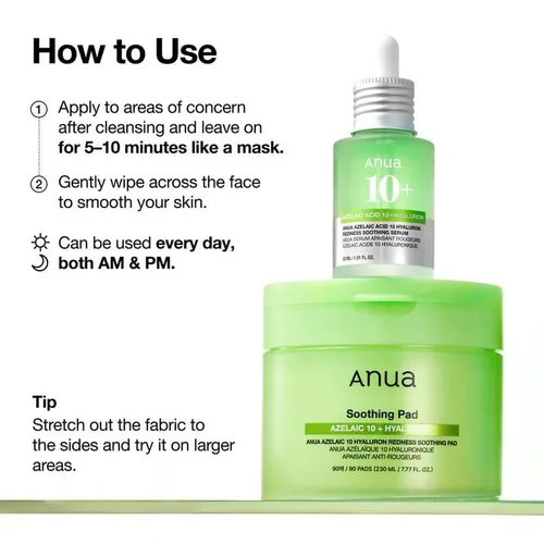 
פדים להרגעת אדמומיות אנואה Anua Azelaic 10 + Hyaluron Redness Soothing Pad - תכולה 90 יחידות (230ml)
