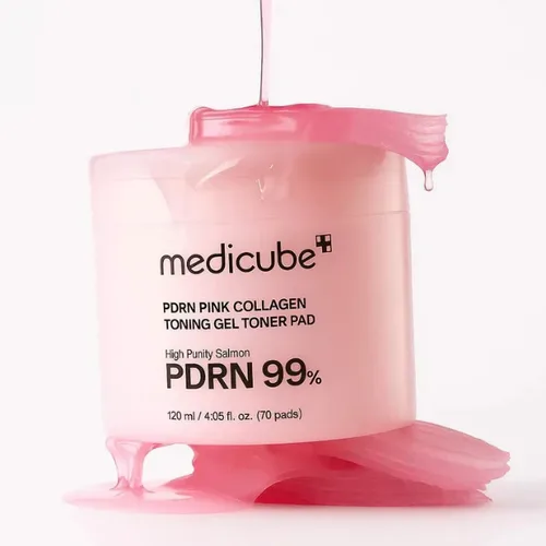 פדי טונר ג'ל קולגן וורוד של מדיקיוב Medicube PDRN Pink Collagen (70 פדים) המכילים 99% PDRN סלמון טהור להבהרה, מיצוק והענקת לחות מוגברת לעור הפנים. קוסמטיקה קוריאנית מקורית