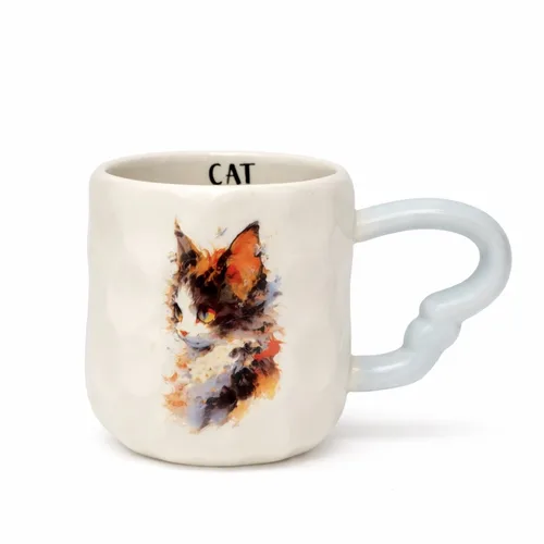 Hand-Painted Style Watercolor Cat Mug 350ml | ספל חתול בסגנון ציור בצבעי מים עם ידית תכלת מעוצבת