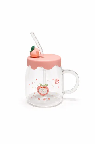 Peach Glass Cup with Pink Lid and 3D Peach Figure 400ml | כוס זכוכית שקופה עם מכסה ורוד מעוצב ודמות אפרסק תלת-ממדית