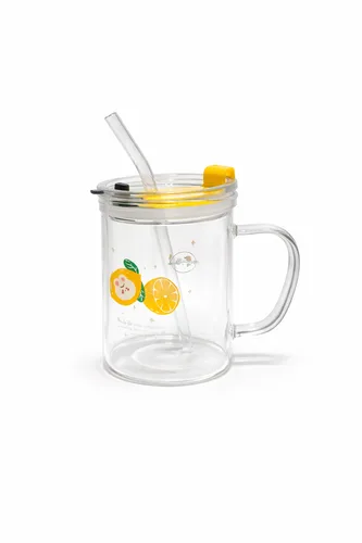 Lemon Design Glass Pitcher Mug with Yellow Lid 500ml | קנקן/ספל זכוכית גדול עם איורי לימון, מכסה צהוב וידית