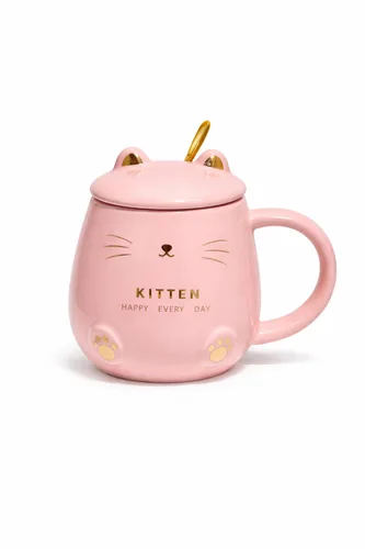Cute Pink Kitten Ceramic Mug | ספל חתול ורוד מתוק עם מכסה, אוזניים וכפית 380 מ"ל