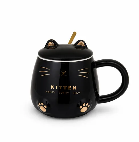 Black Kitten Ceramic Coffee Mug | ספל חתלתול שחור אלגנטי עם עיטורי זהב, מכסה וכפית 380 מ"ל