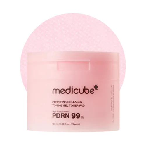 פדי טונר ג'ל קולגן וורוד של מדיקיוב Medicube PDRN Pink Collagen (70 פדים) המכילים 99% PDRN סלמון טהור להבהרה, מיצוק והענקת לחות מוגברת לעור הפנים. קוסמטיקה קוריאנית מקורית